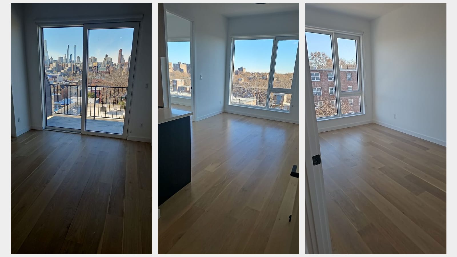 Three photographs side by side of empty rooms with light wood floors and white walls: a living room with a sliding glass door to a balcony and the Manhattan skyline beyond; a corner living room with large windows over low buildings and trees; and a bedroom with a tall window facing a red-brick apartment building