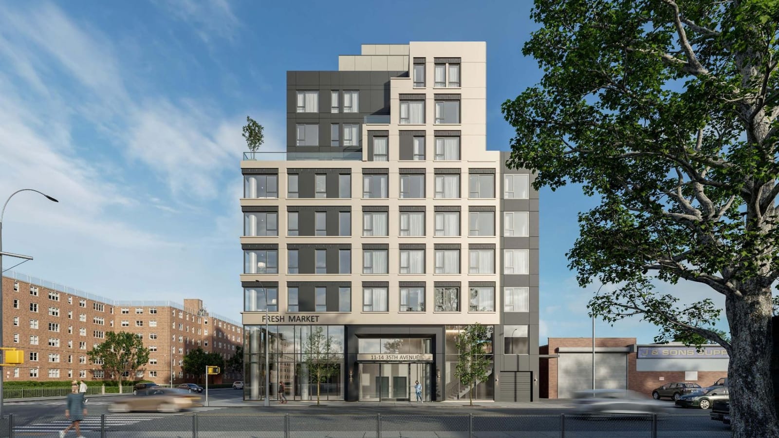 Rendering of a nine-story apartment building faced in cream and dark gray panels with stepped upper floors and a rooftop terrace, a glass storefront signed FRESH MARKET, an entrance marked 11-14 35th Avenue, street trees, a large tree at right, red-brick apartment buildings at left and small figures walking on the sidewalk