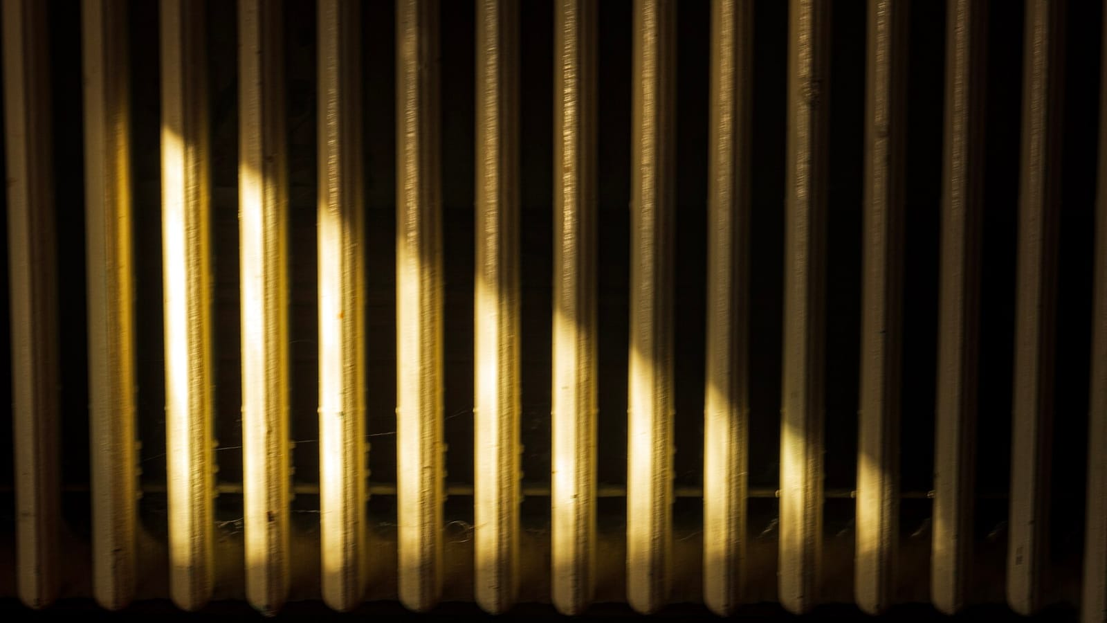 Sunlight falling across the fins of a cast-iron radiator