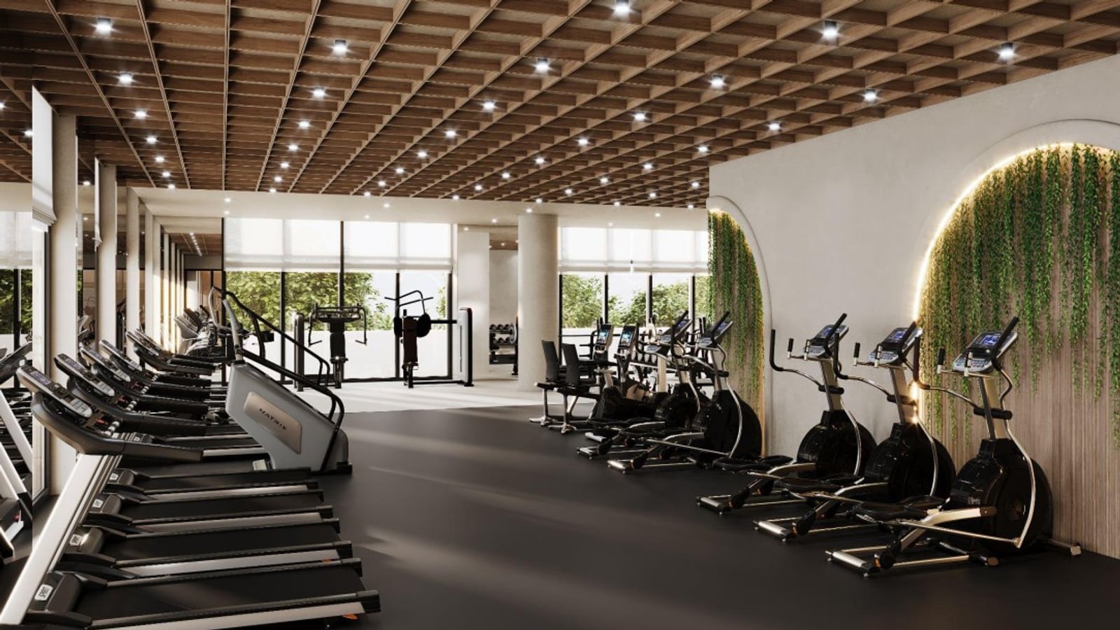 Rendering of a gym with rows of treadmills, a stair machine and elliptical machines on a black floor, weight machines beside tall windows, a wood grid ceiling and arched wall niches with hanging plants