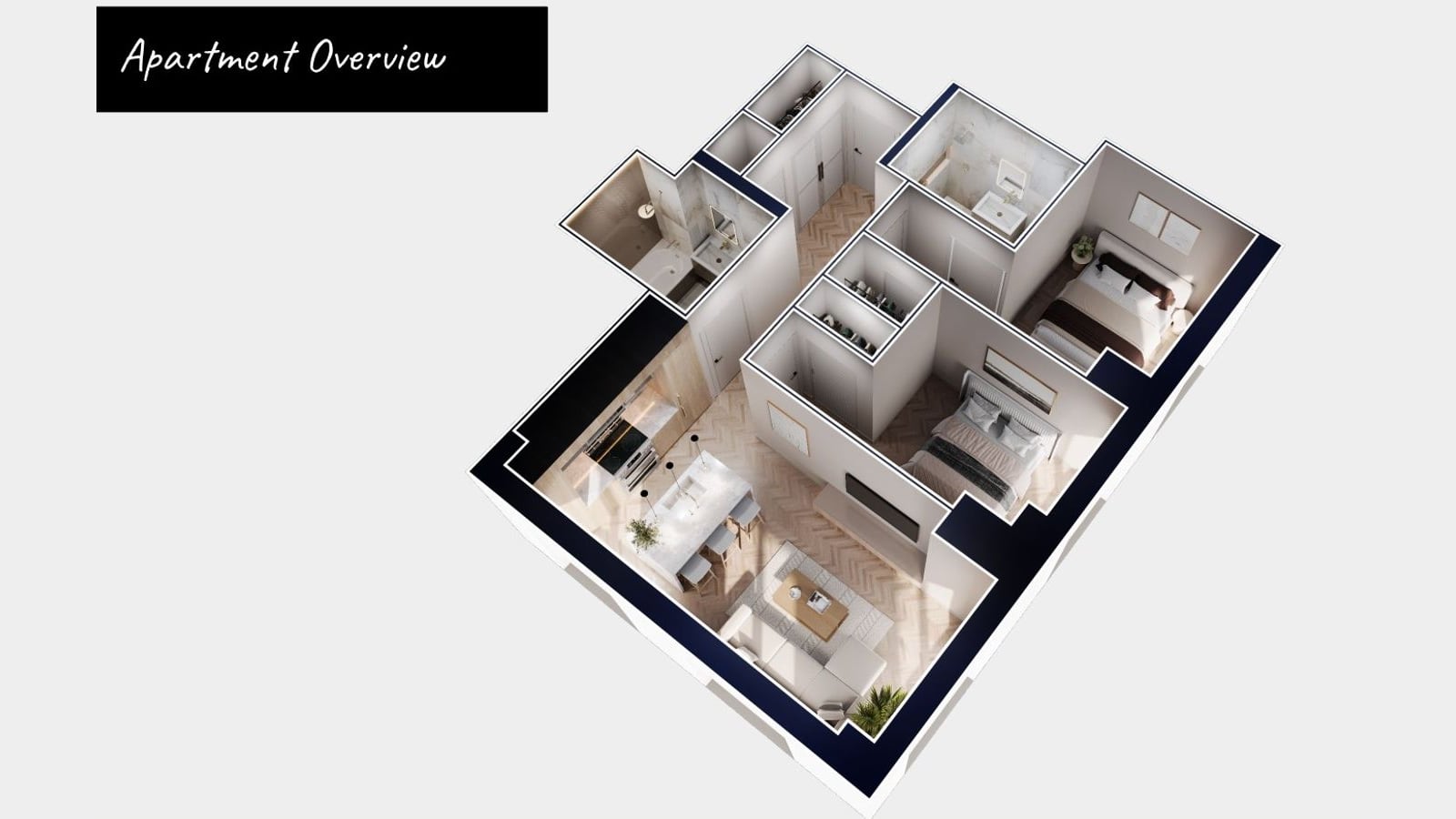 Cutaway rendering, seen from above, of a furnished two-bedroom apartment with a kitchen island and three stools, a living area with a sofa, two bedrooms with beds, two bathrooms and several closets, under a label reading Apartment Overview