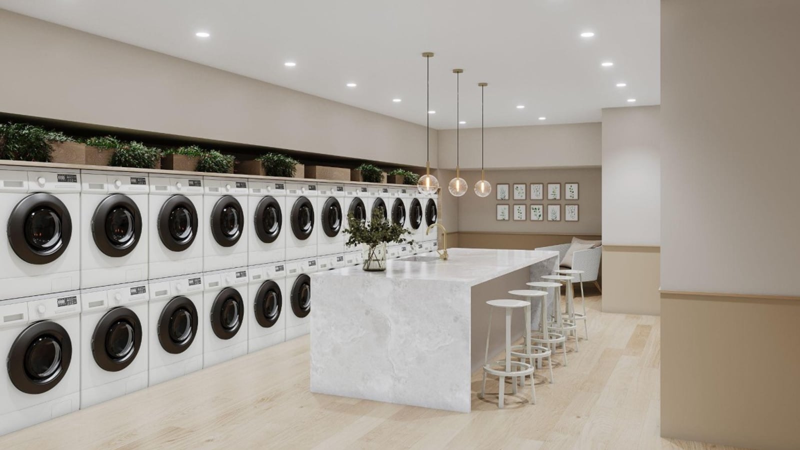 Rendering of a laundry room with a wall of stacked front-loading laundry machines under a shelf of plants, a stone-topped island with a sink and five stools, and three pendant lights