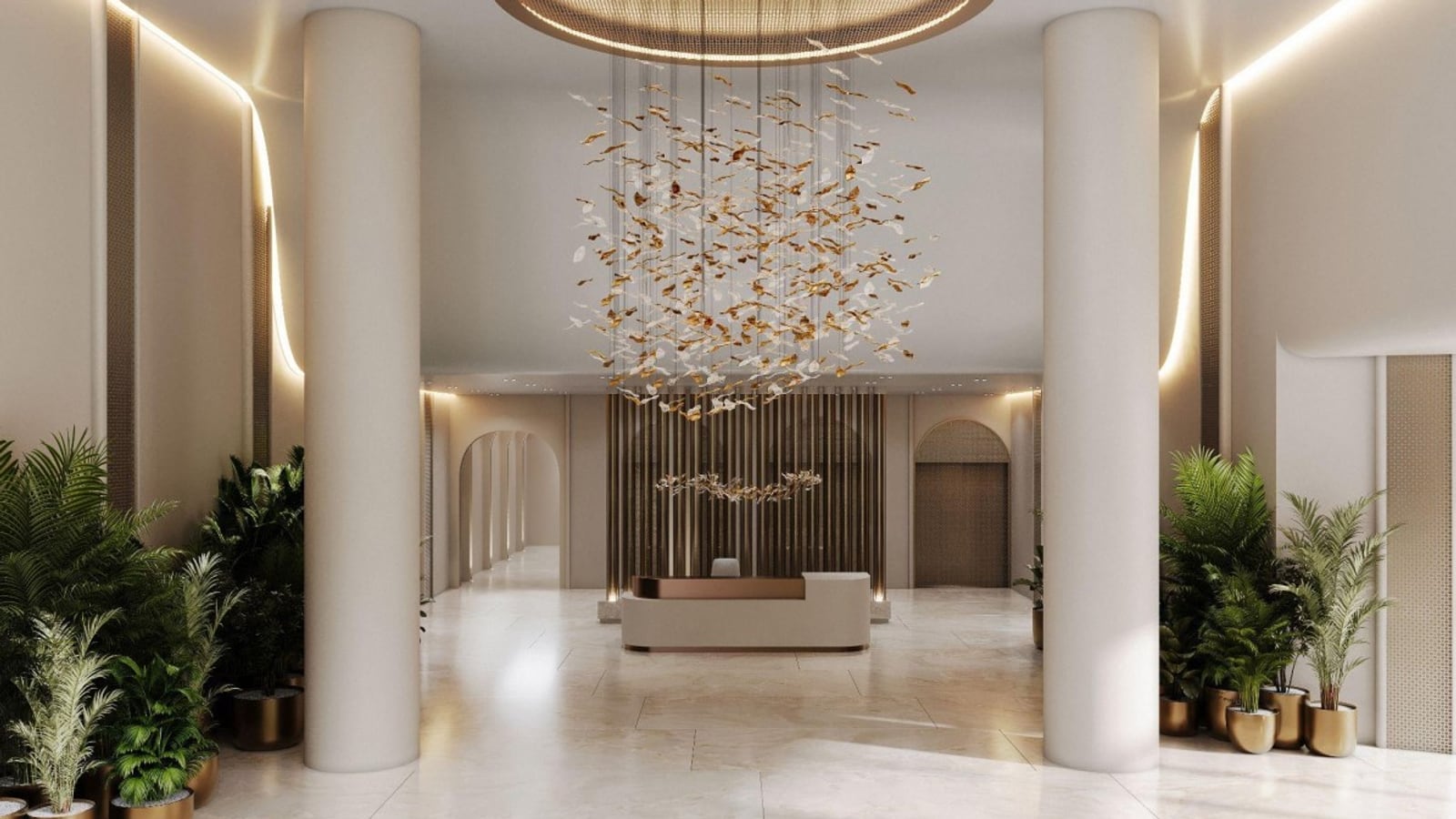 Rendering of a lobby with pale stone floors, two round columns, a reception desk in front of a wall of vertical slats, a hanging sculpture of gold and white leaf shapes under a circular ceiling fixture, and potted palms along both sides