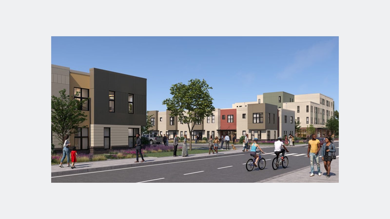 Rendering of a street with two-story buildings in tan, charcoal and red, a taller cream building beyond, and people walking and cycling