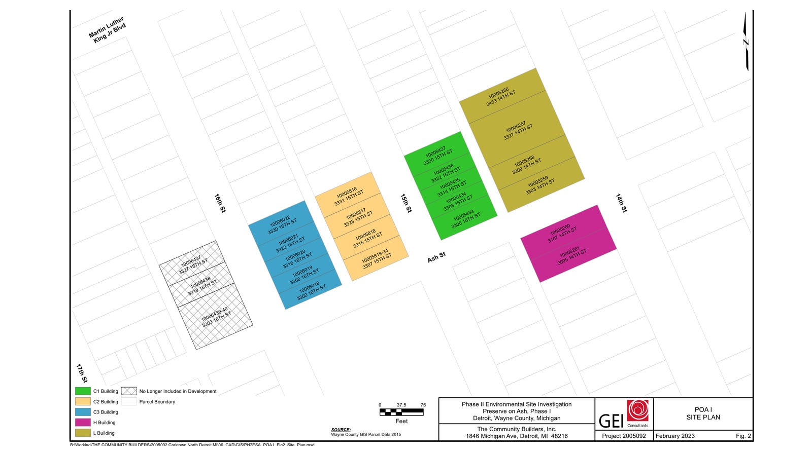 Site plan with five colored blocks along Ash Street between 14th and 16th streets: a large olive block and a pink block at 14th Street, and green, tan and blue blocks to the west