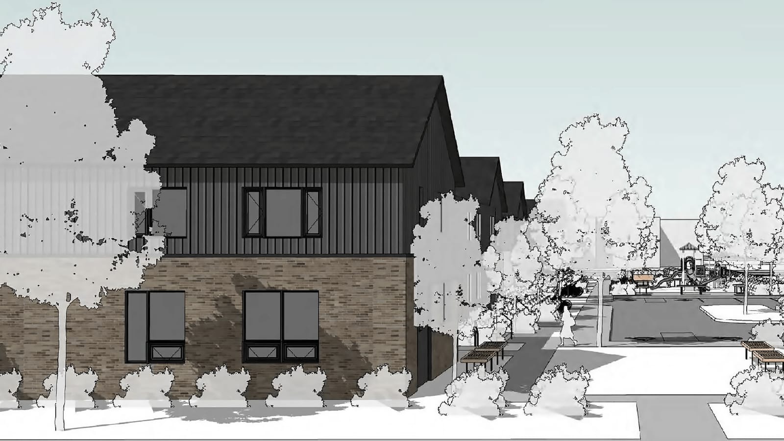 Architectural rendering of the gabled end of a two-story townhome building in dark siding and brick, with a paved court, picnic tables and a play area behind it