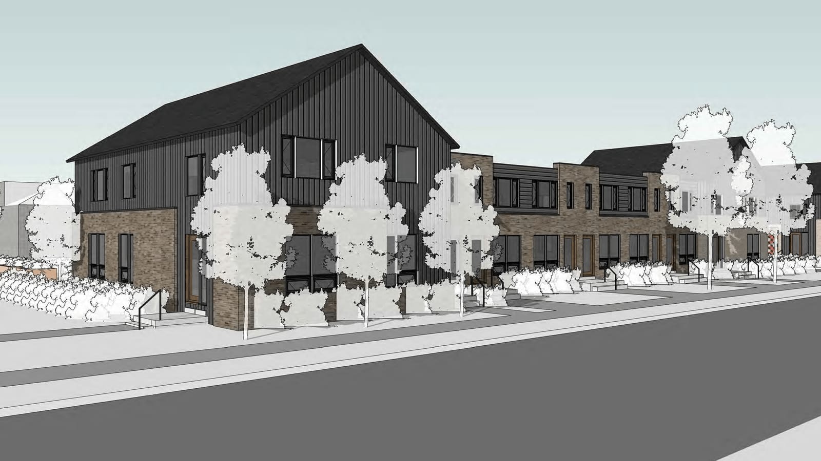 Architectural rendering of two-story townhomes with dark vertical siding above brick and a gabled end facing the street, with young trees and a sidewalk in front