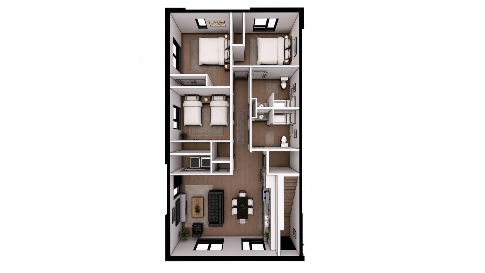 Furnished floor plan rendering of a one-floor apartment with three bedrooms and two bathrooms along a central hall, a laundry closet, and a combined kitchen, dining and living room at one end beside a staircase