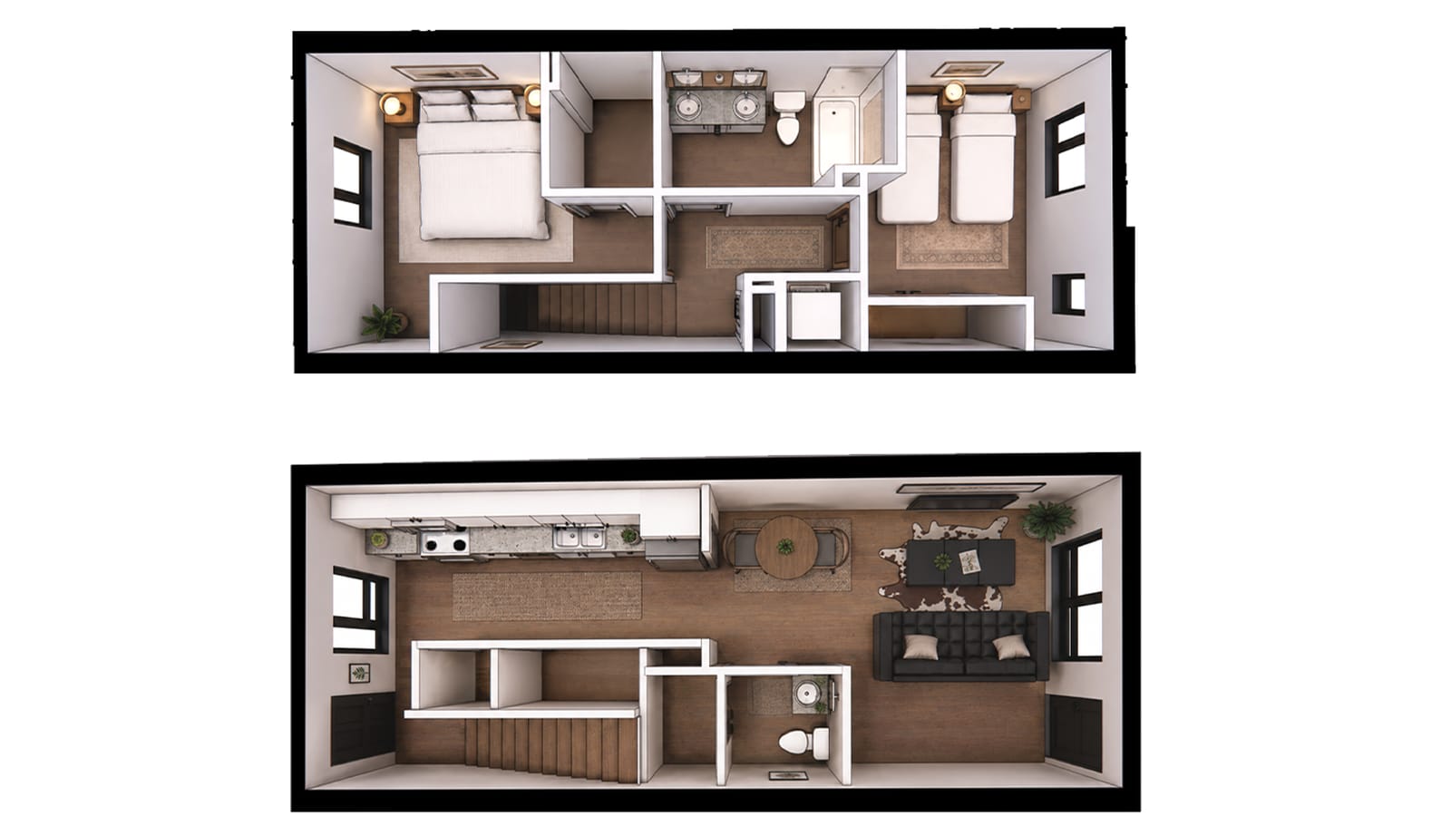 Furnished floor plan rendering of a two-story townhome: upstairs a bedroom with a double bed, a bedroom with two single beds and a bathroom; downstairs a kitchen along one wall, a dining table, a living room and a half bath