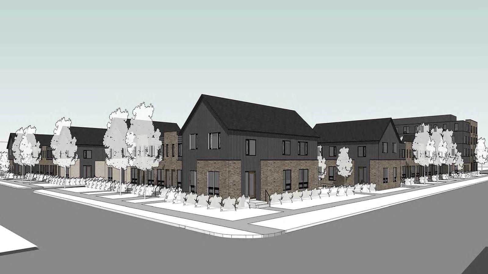 Architectural rendering of rows of two-story townhomes with dark gabled ends and brick lower walls on a street corner, with young trees and sidewalks