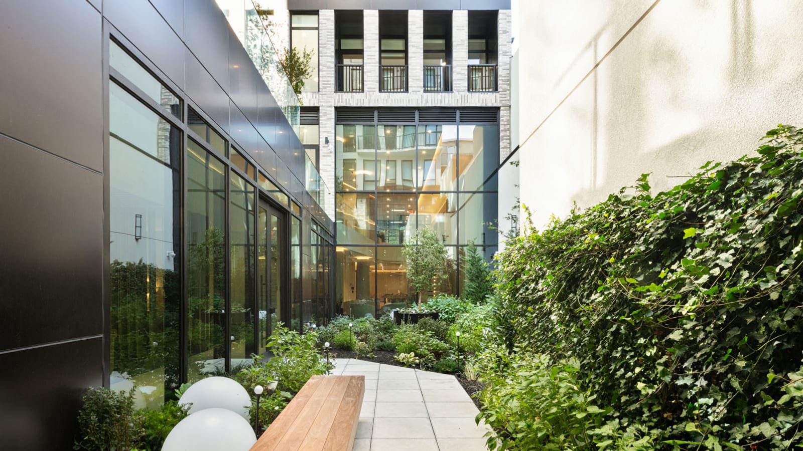 Photograph of a narrow planted courtyard with a stone path, a wooden bench and two white globe lights between a dark glass-walled ground floor at left and an ivy-covered wall at right, leading to a tall glazed wall under upper floors of pale brick with balcony railings