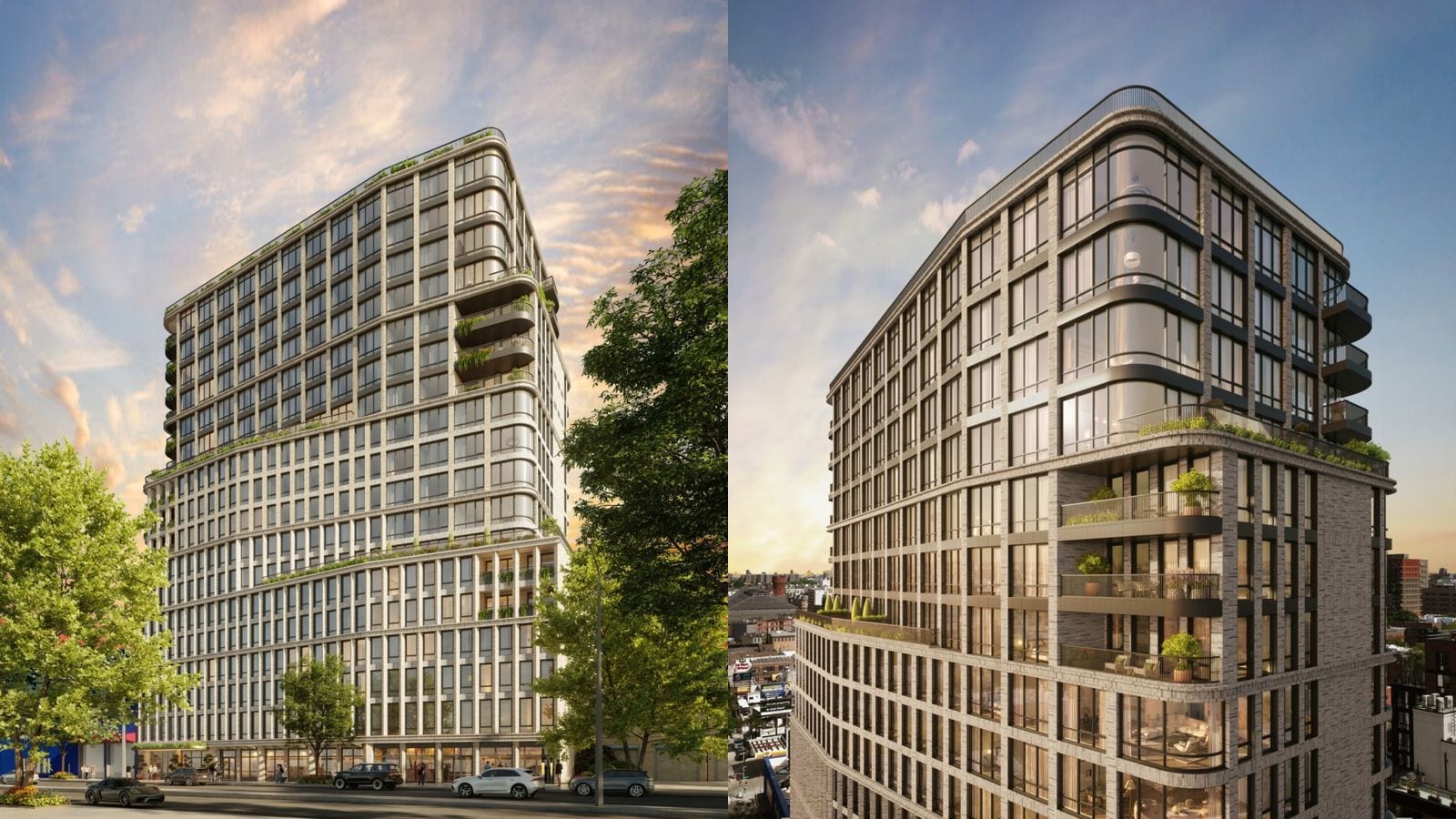 Two renderings side by side of a tall apartment building with a grid of pale masonry and large windows, rounded corners, planted setbacks and stacked curved balconies: at left the whole building seen from a wide street with trees, cars and glazed ground-floor storefronts; at right a closer view from above of the upper floors, with terraces, railings and low-rise blocks beyond