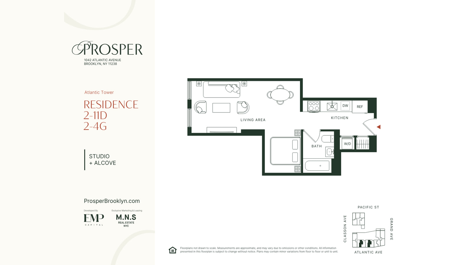Floor plan of a studio apartment under the heading Prosper, 1042 Atlantic Avenue, Atlantic Tower, Residence 2-11D and 2-4G, studio plus alcove: a living area with two windows, a kitchen run with a range, sink, dishwasher and refrigerator, a sleeping alcove with a bed, a bathroom with a tub and a closet marked W/D, beside a small key plan of the block between Atlantic Avenue and Pacific Street and the logos of EMP Capital and M.N.S Real Estate NYC