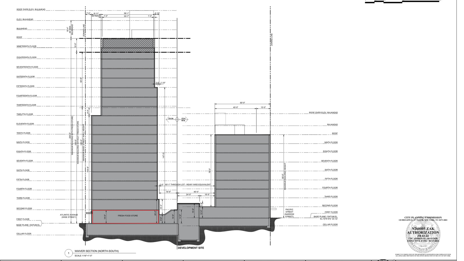 Architect's section drawing through a block from Atlantic Avenue at left to Pacific Street at right: a tall grey tower with floor lines labelled cellar through nineteenth floor, a red outline marked Fresh Food Store on its first floor and the nineteenth floor cross-hatched, joined by a low base to a shorter block with floors labelled first through ninth, with height dimensions and a round City Planning Commission approval stamp at lower right