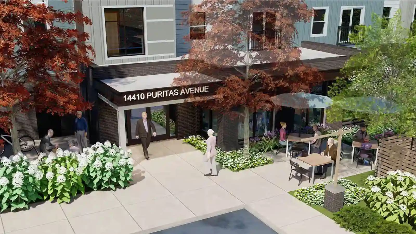 Rendering of a building entrance under a canopy lettered 14410 Puritas Avenue, with people at patio tables and white hydrangeas in the foreground