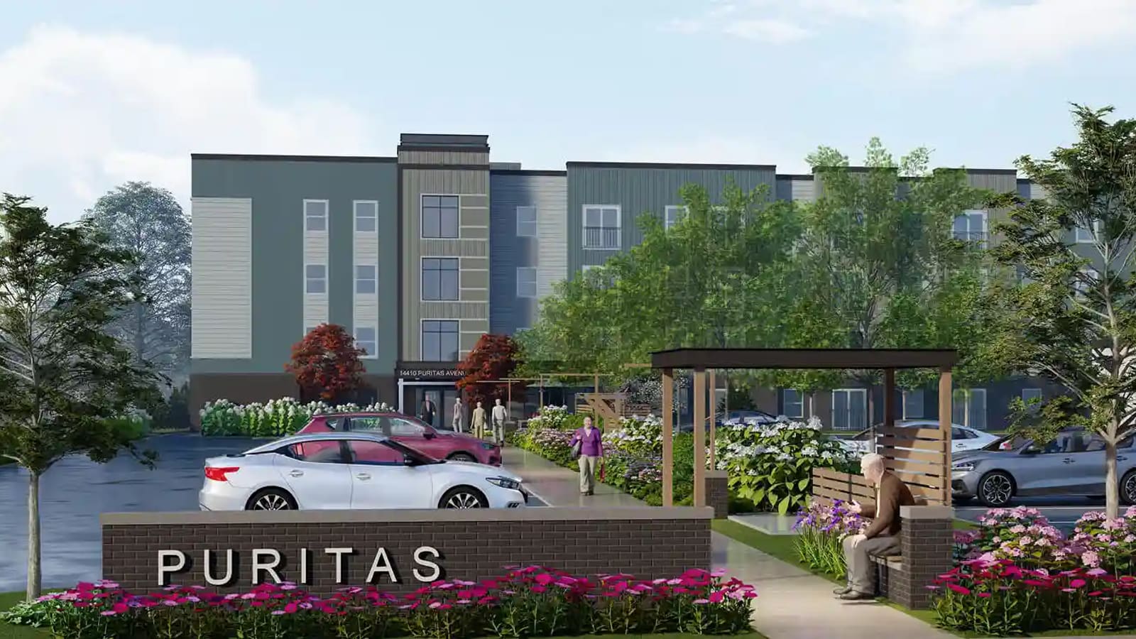 Rendering of a brick sign reading PURITAS beside a parking lot and a wooden pergola, with a four-story apartment building behind trees