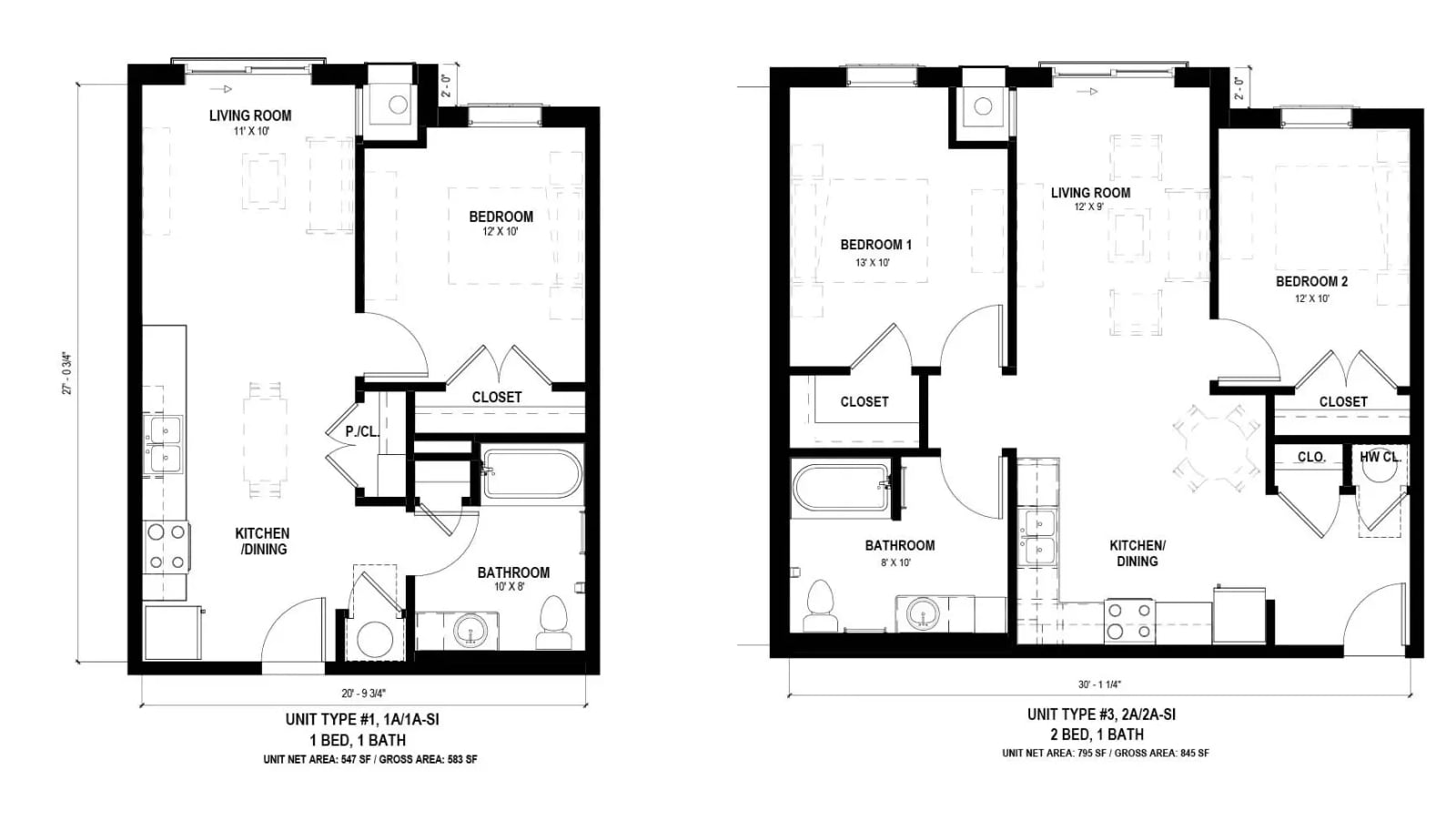 Two architectural floor plans side by side: a one-bedroom, one-bathroom apartment of 547 square feet and a two-bedroom, one-bathroom apartment of 795 square feet
