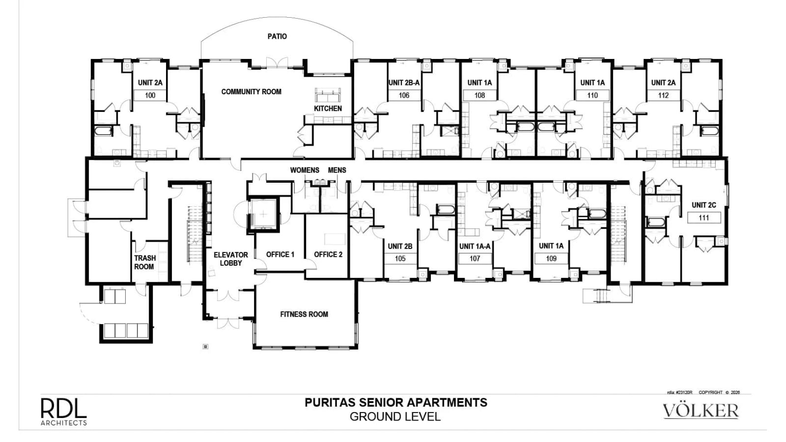 Architectural plan of a ground floor showing a community room with a kitchen and patio, a fitness room, two offices, an elevator lobby and nine apartments