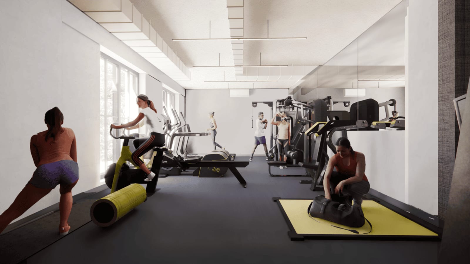 Rendering of a fitness room with a dark floor and white walls, tall windows at the left, exercise bikes, a rowing machine, treadmills and weight machines, and six figures exercising or stretching