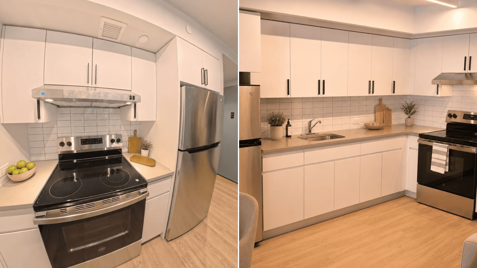 Two photographs side by side of apartment kitchens with white flat-front cabinets, white tile backsplashes, pale counters, stainless-steel refrigerators and wood-look floors: at left a smooth-top electric range under a range hood, with a bowl of green apples on the counter; at right a longer counter with a sink, a range hood and an electric range with a towel on its door