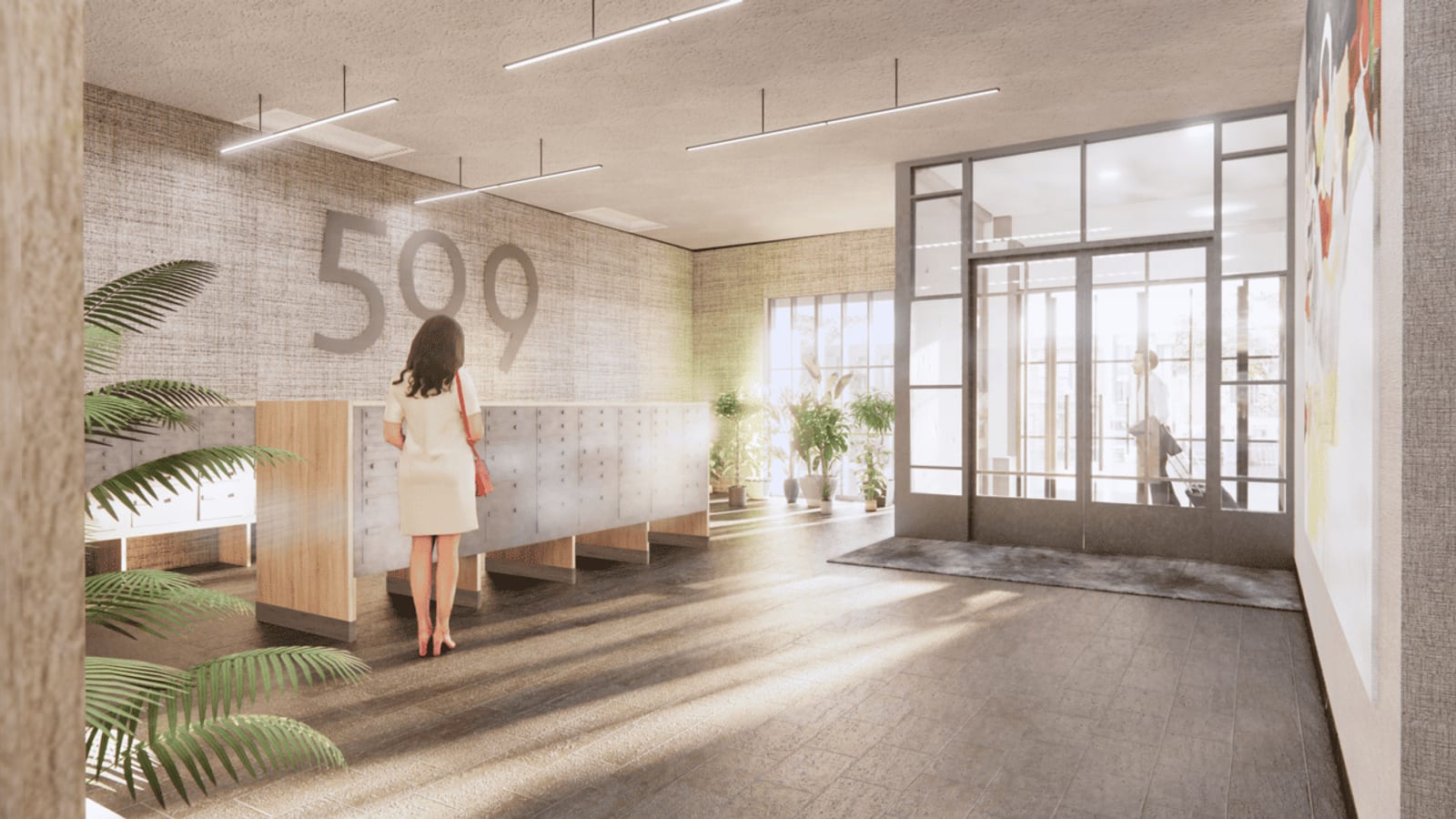 Rendering of a lobby with textured walls, large numerals reading 509 on the wall above a bank of mailboxes, a woman standing at the mailboxes, potted plants, a paved floor and glass entrance doors at the right
