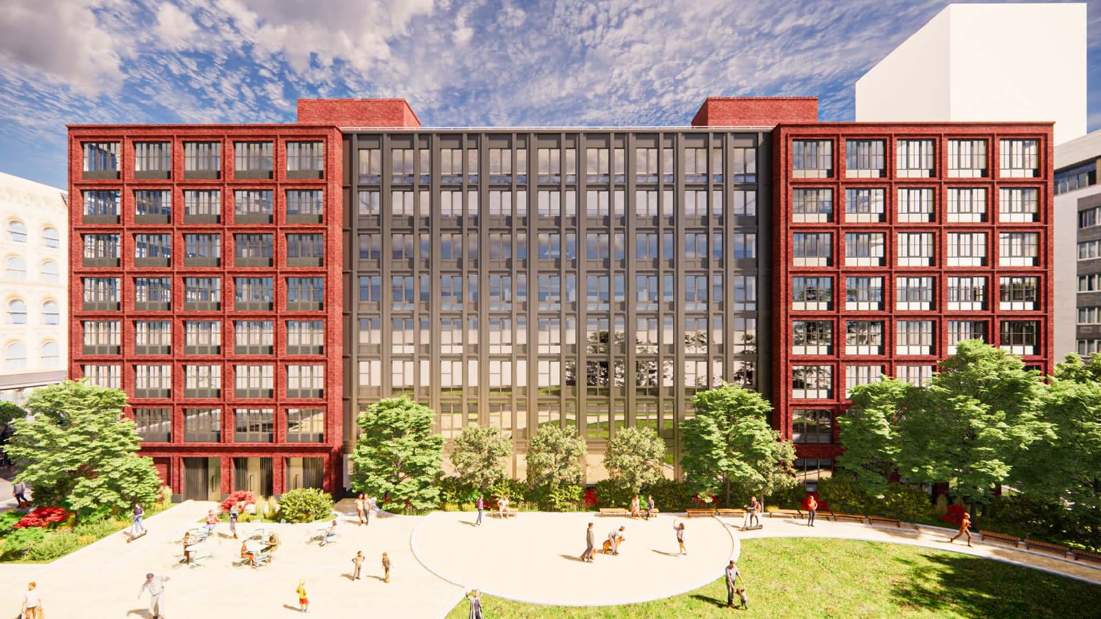 Rendering of an apartment building seen straight on from a plaza: two red brick wings with gridded windows on either side of a dark grey middle section, with trees, benches, a round paved area, a lawn and people walking and sitting in the foreground
