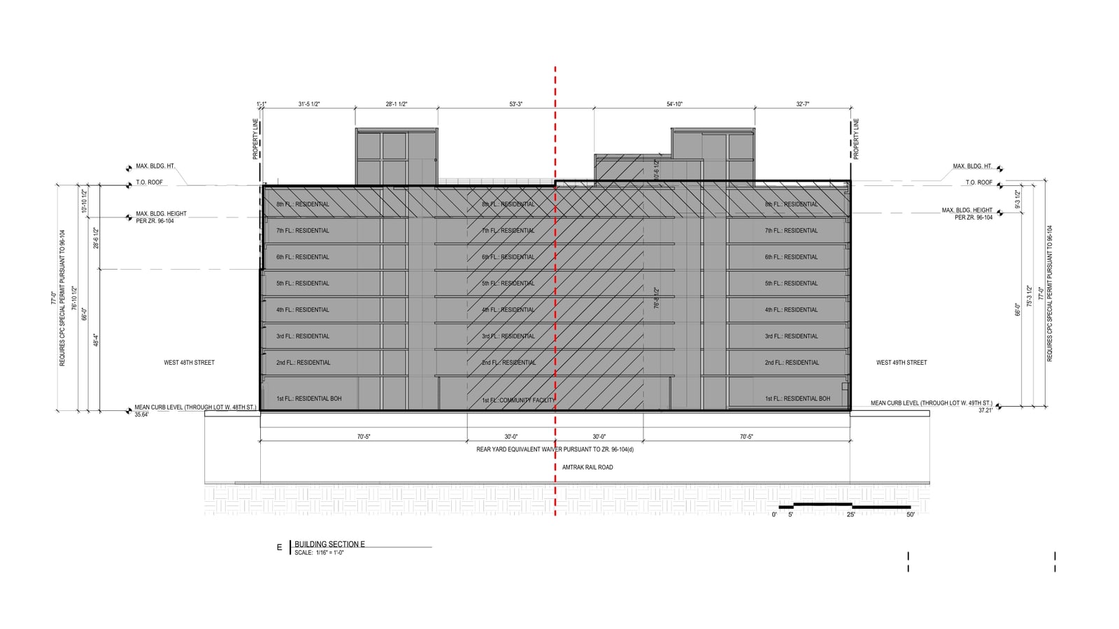 Architect's section drawing of a building shaded grey, cut from West 48th Street at the left to West 49th Street at the right, with floors labelled 1st FL to 8th FL, residential on floors two to eight and a community facility on the first, rooftop bulkheads, dimension lines marked 66 feet and 77 feet, and a band labelled Amtrak Rail Road under the building