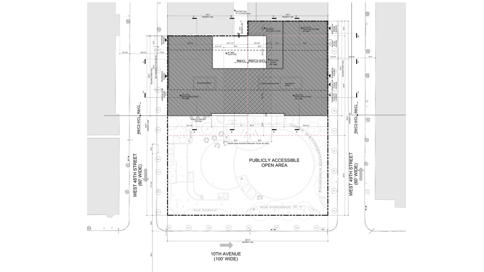 Architect's site plan showing a hatched grey building footprint with a small courtyard, running between West 48th Street at the left and West 49th Street at the right, and below it a larger area labelled Publicly Accessible Open Area with curved paths, seating and trees, fronting 10th Avenue at the bottom