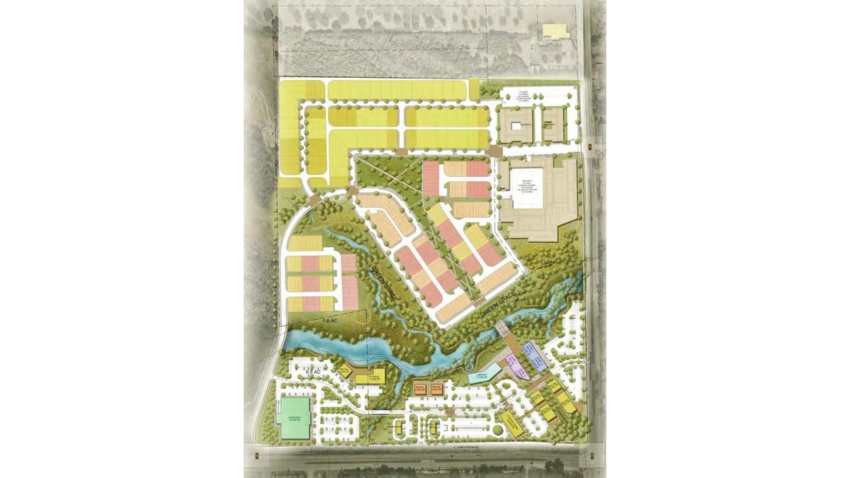 Colored site plan of the Rivulet development: house lots in yellow and red, apartment blocks near the upper right, a creek and green space across the middle, and shops and a grocery along Camp Wisdom Road at the bottom