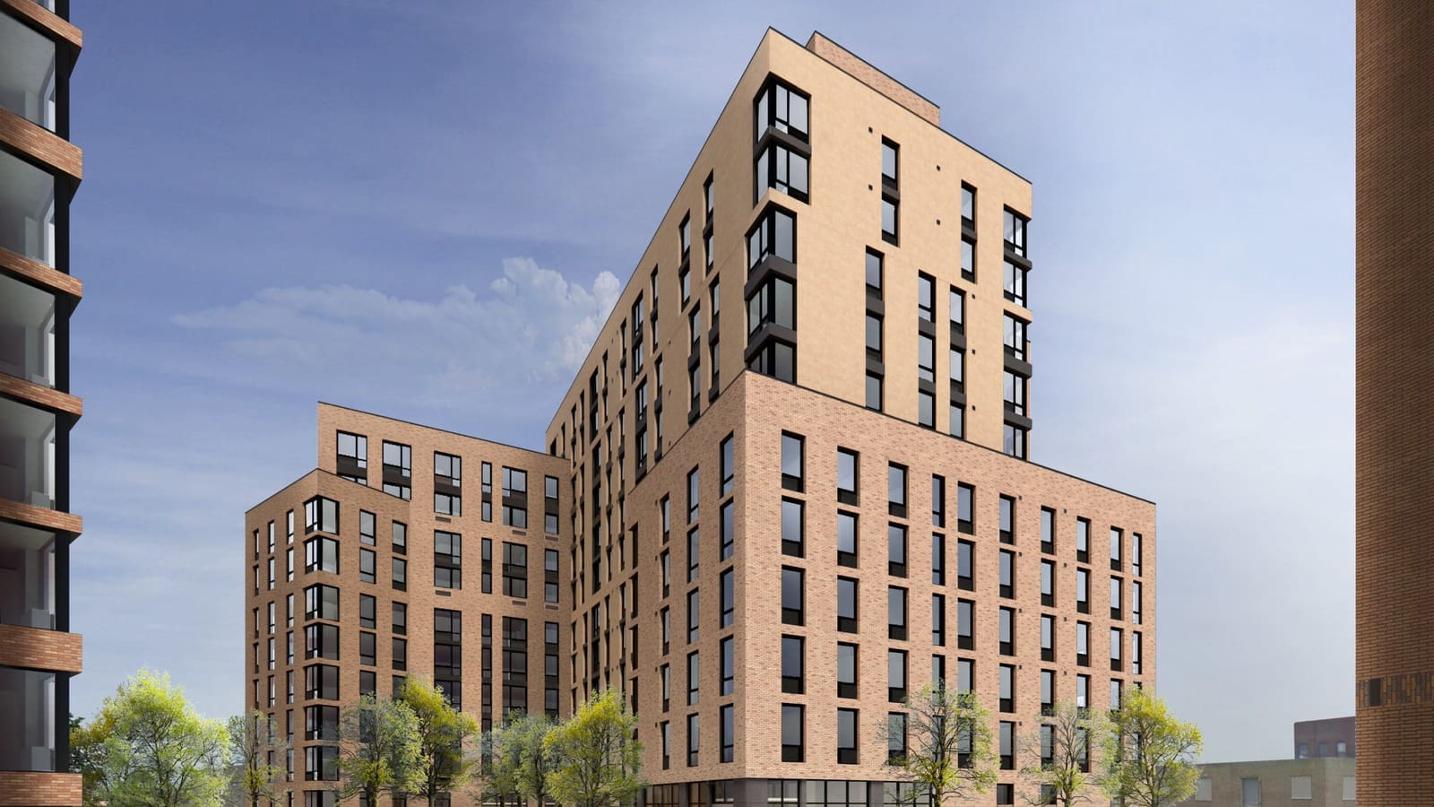 Rendering of a tan brick apartment building with a tall tower section rising above lower wings, dark window frames and young trees along its base, seen between the edges of two other brick buildings under a blue sky