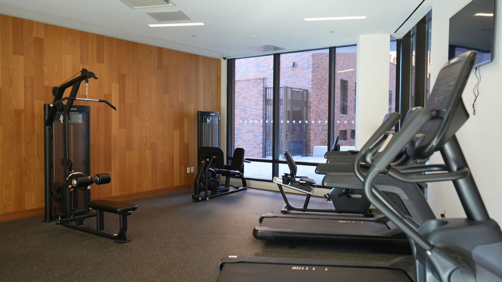 Photograph of an exercise room with a wood-paneled wall, a cable weight machine, a leg machine, a recumbent bike and treadmills, and floor-to-ceiling windows facing a red brick building