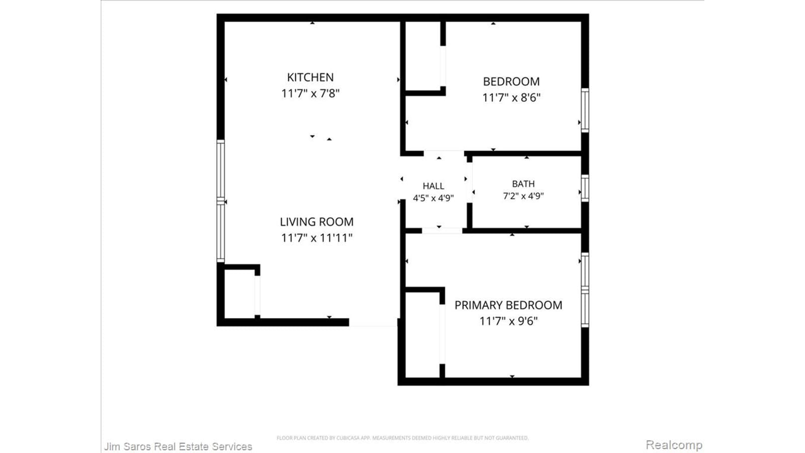 Black and white floor plan of a two-bedroom apartment: a living room 11 feet 7 inches by 11 feet 11 inches opening to a kitchen, with a hall leading to a bath, a bedroom and a primary bedroom
