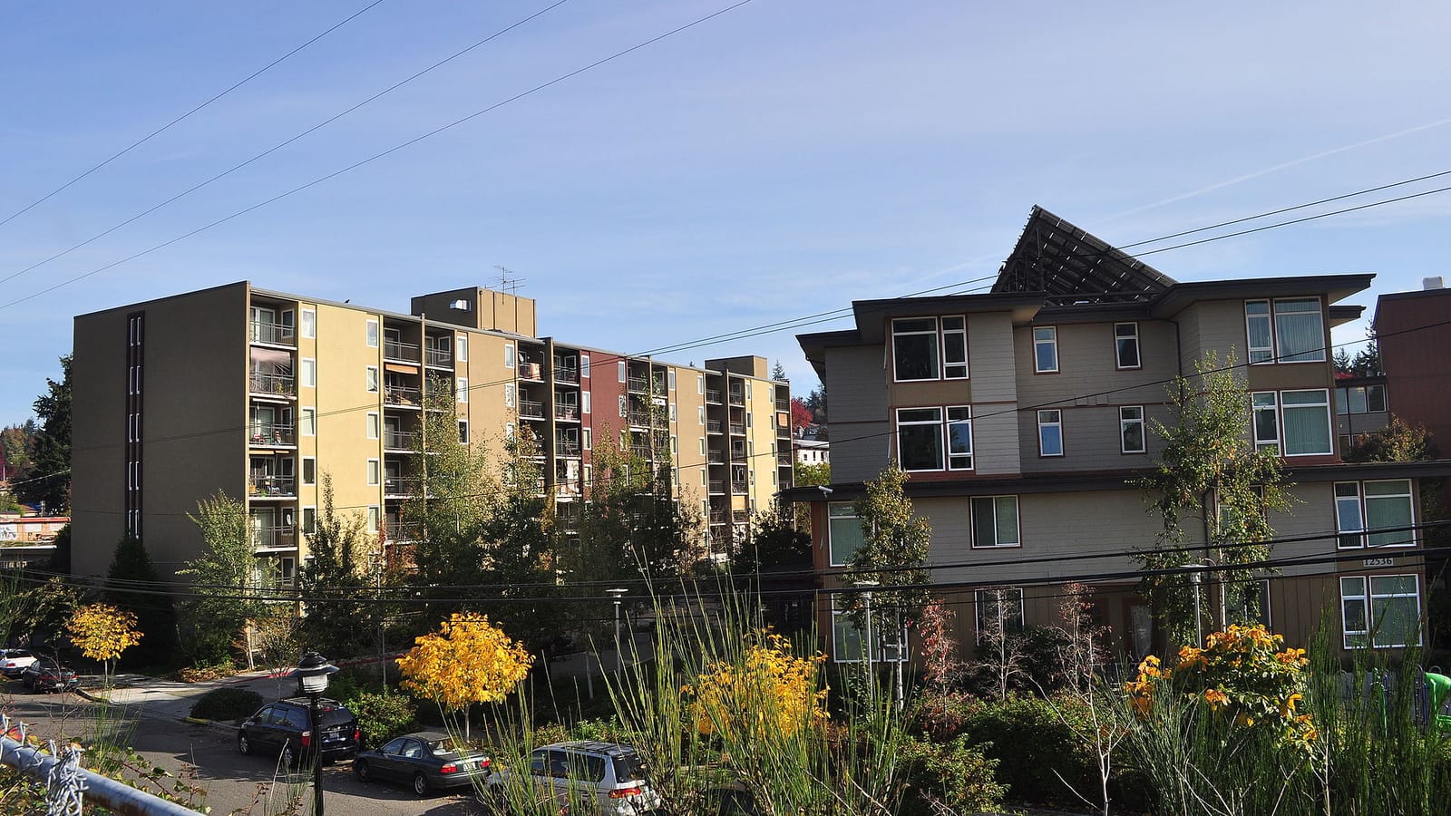 Apartment buildings along a neighborhood street