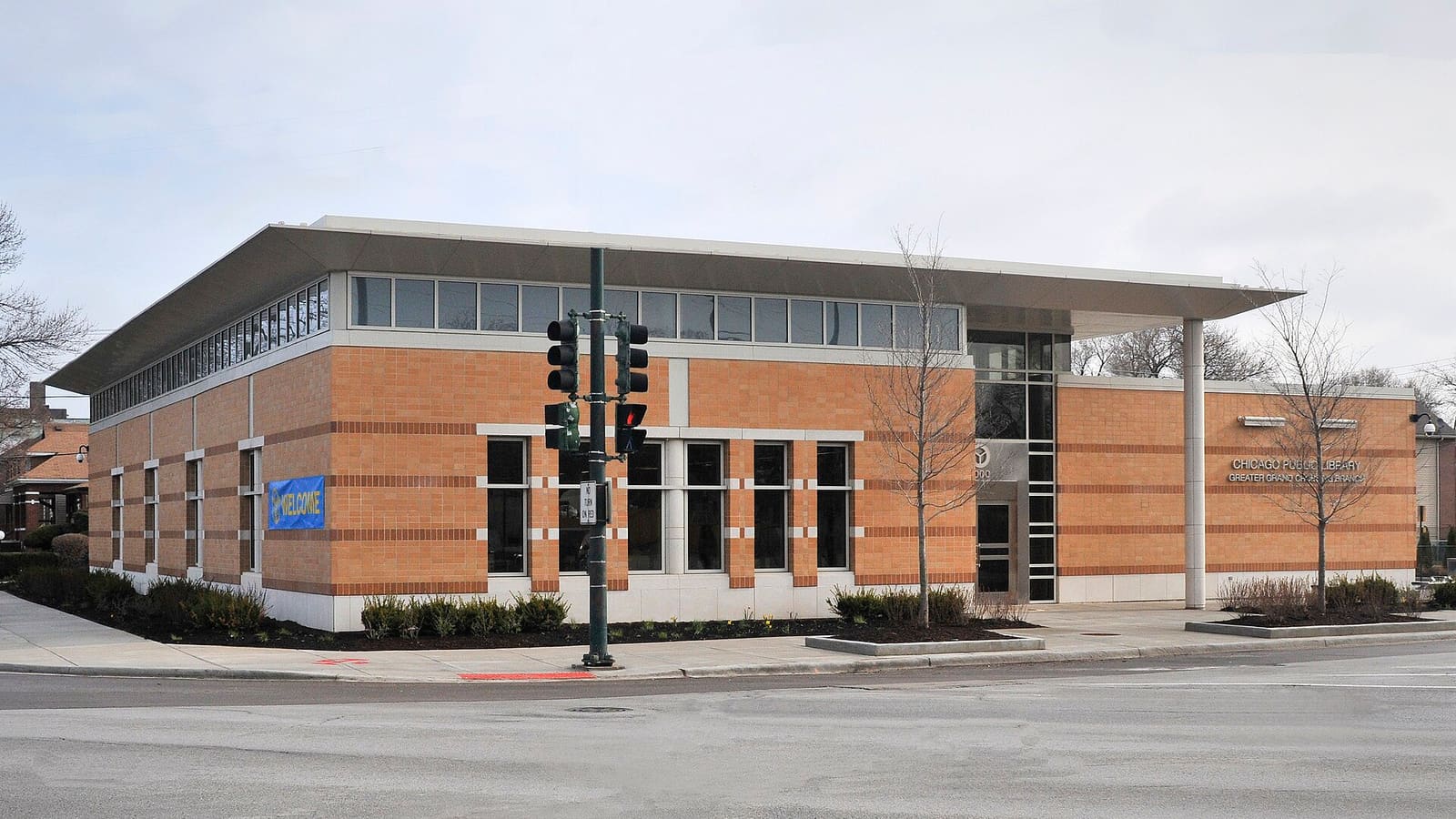 A street corner and civic building in Greater Grand Crossing, Chicago