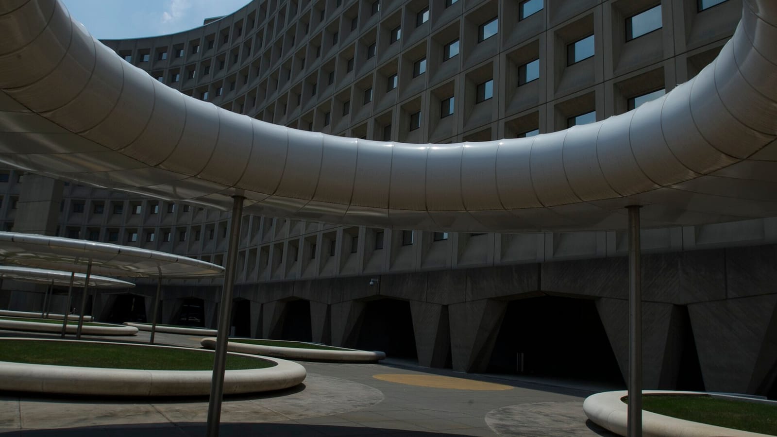 Federal office building with a curved entrance canopy