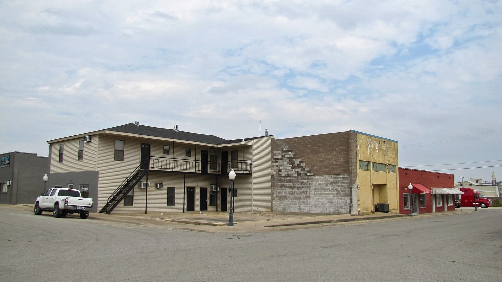 Low buildings at a small-town street intersection