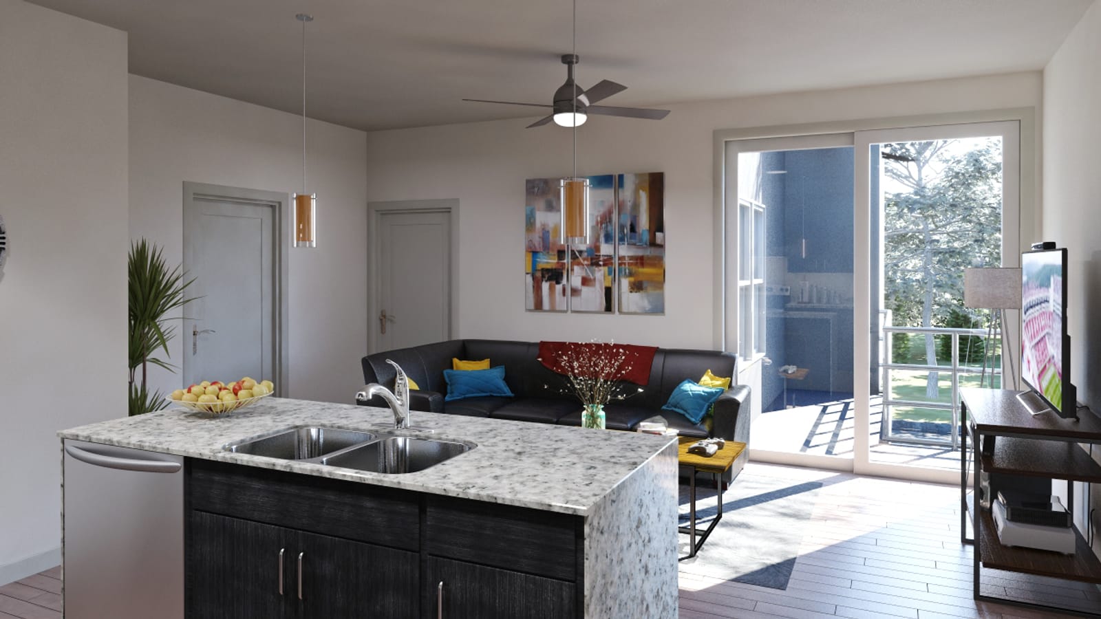 Apartment kitchen and living area with a sliding balcony door