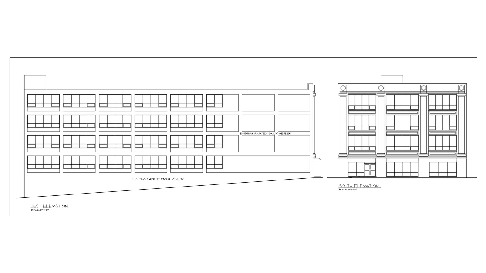 Architectural line drawing of a four-story building: a long west side with rows of grouped windows and a narrower south front with pilasters, round medallions and a storefront base