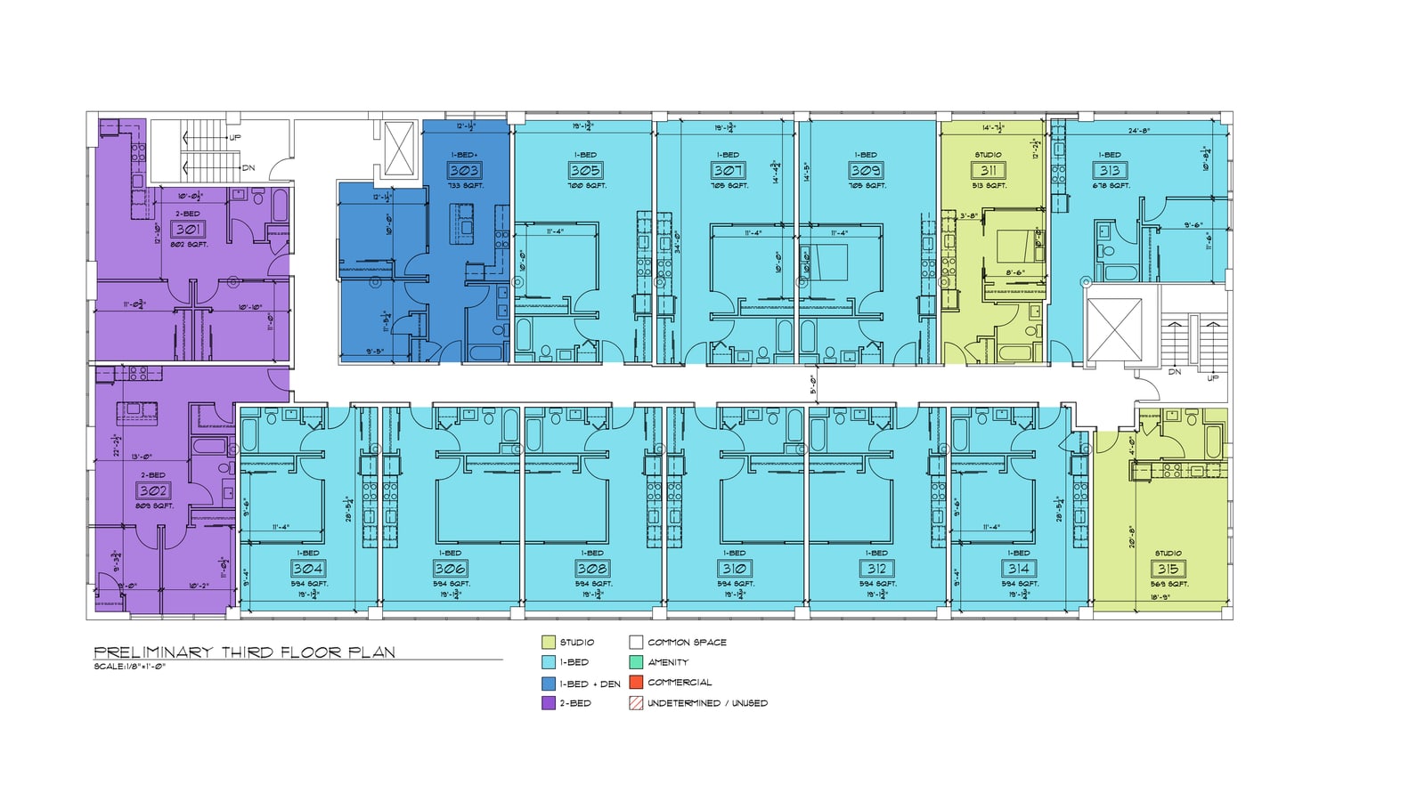 Color-coded floor plan of one story with fifteen apartments along a central corridor: two-bedrooms in purple at one end, one-bedrooms in blue and two studios in green