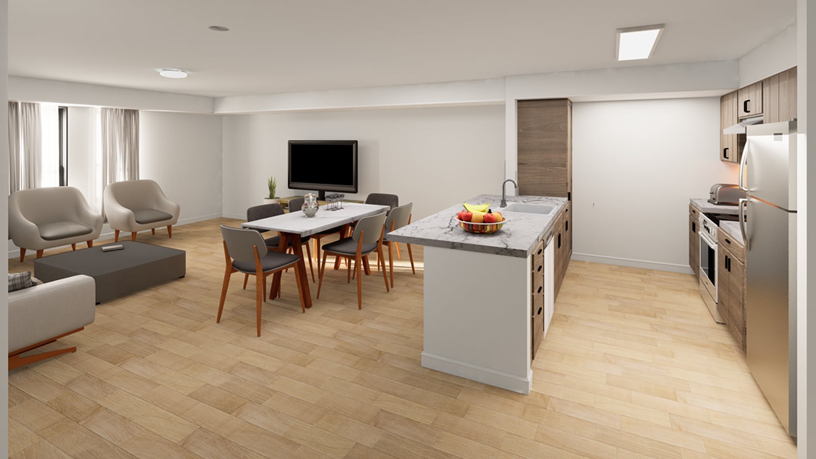 Rendering of an apartment with wood-look flooring, a kitchen island with a sink and a bowl of fruit, a stainless steel refrigerator, a dining table and armchairs by a window