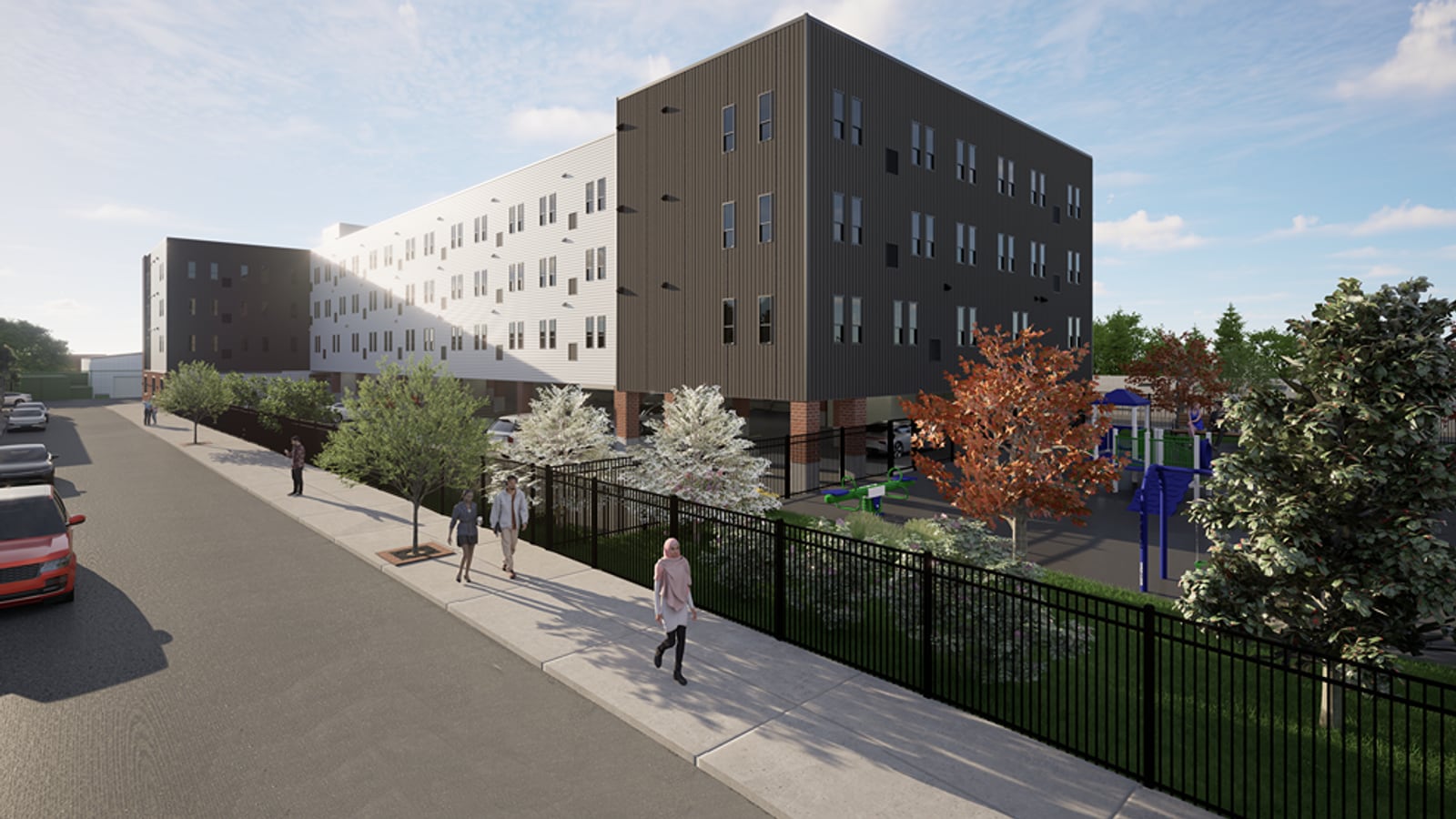 Rendering of a four-story building in dark and white panels raised over ground-floor parking, with a fenced playground, trees and people walking on the sidewalk beside it