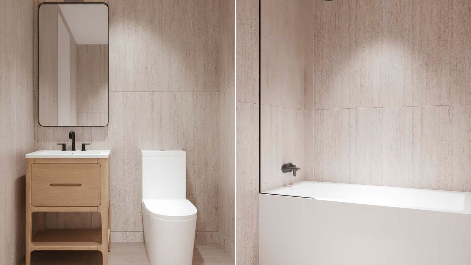 Two renderings side by side of a bathroom with pale stone-look wall tile: at left a wood vanity with a white sink and black faucet under a tall mirror, beside a white toilet; at right a white bathtub with a glass panel and a dark wall-mounted tap