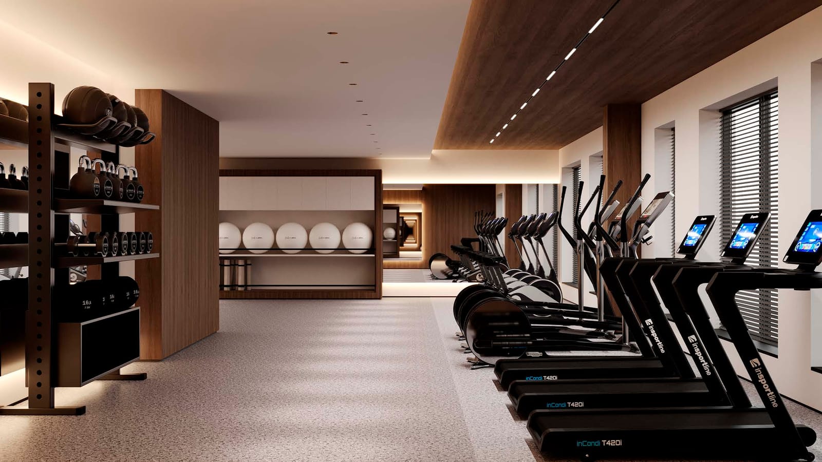 Rendering of a long fitness room with a row of treadmills and elliptical machines along a wall of windows with blinds, a rack of kettlebells and dumbbells at the left, a shelf of exercise balls at the back and a wood-panelled ceiling strip