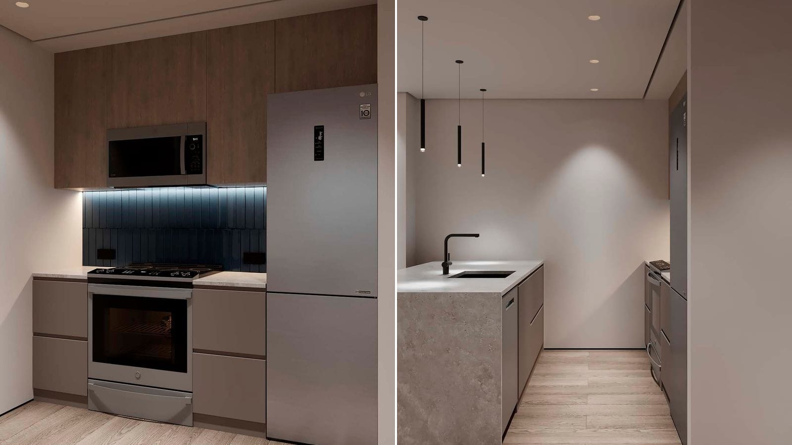 Two renderings side by side of an apartment kitchen: at left a wall of grey lower cabinets and wood-tone upper cabinets with a smooth-top range, a microwave above it, a dark tile backsplash and a tall stainless-steel refrigerator; at right an island with a stone-look waterfall counter, a sink with a black faucet and three black pendant lights above