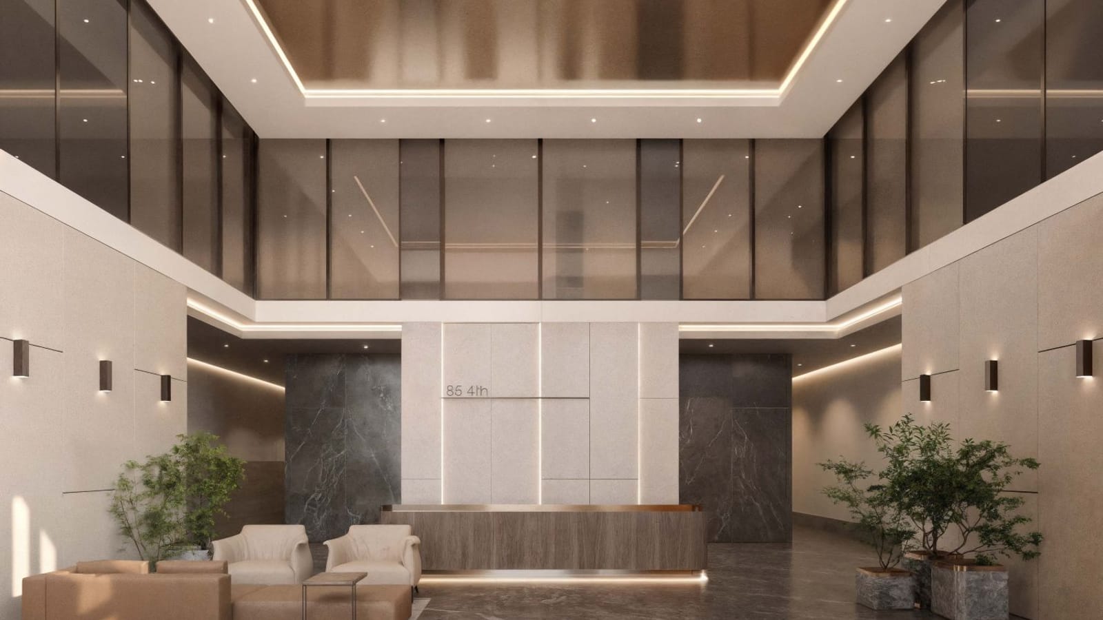 Rendering of a double-height lobby with pale stone walls, a band of dark glass at the upper level, a recessed lit ceiling, a wood reception desk in front of a stone wall with small lettering reading 85 4th, two cream armchairs, a tan sofa and potted trees
