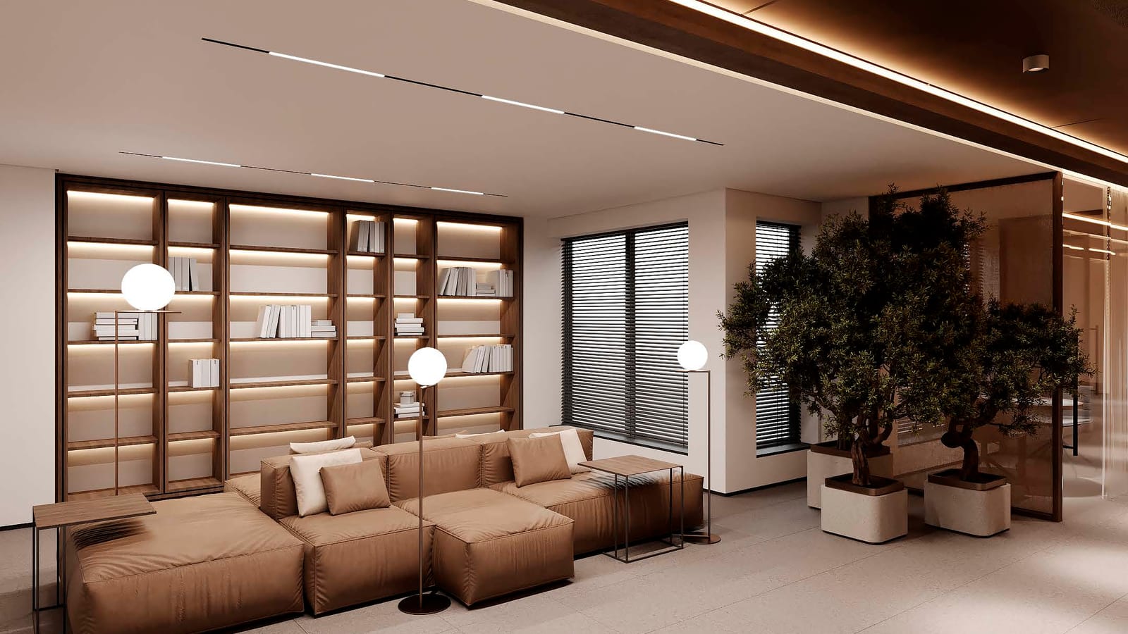 Rendering of a lounge with a large tan sectional sofa, lit wood bookshelves along the wall, three globe floor lamps, windows with dark blinds and two potted trees beside a glass partition