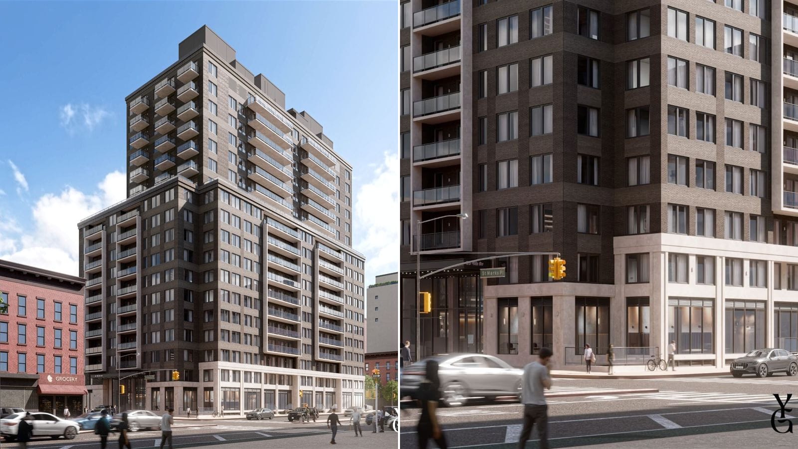 Two renderings side by side: at left an 18-story apartment building in dark brick with rows of glass-railed balconies, a set-back upper section and a pale stone base with storefronts, standing at a street corner beside a low red-brick building with a grocery awning; at right the same corner at street level, with a street sign reading St Marks Pl, a traffic signal, people crossing and cars passing