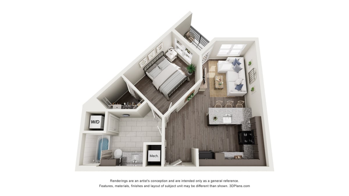 Three-dimensional floor plan of a one-bedroom apartment with an angled bedroom wall, a kitchen island, a living room, a balcony and a closet marked W/D