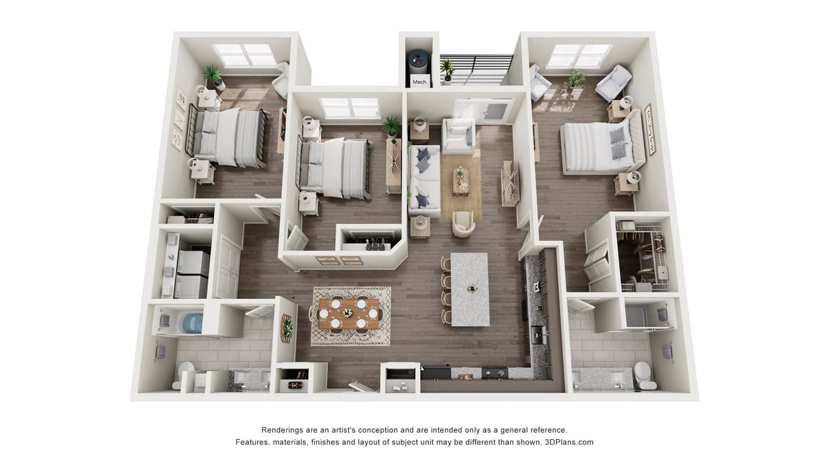 Three-dimensional floor plan of a three-bedroom apartment with two bathrooms, a central kitchen with an island, a dining table, a laundry closet with machines and a balcony