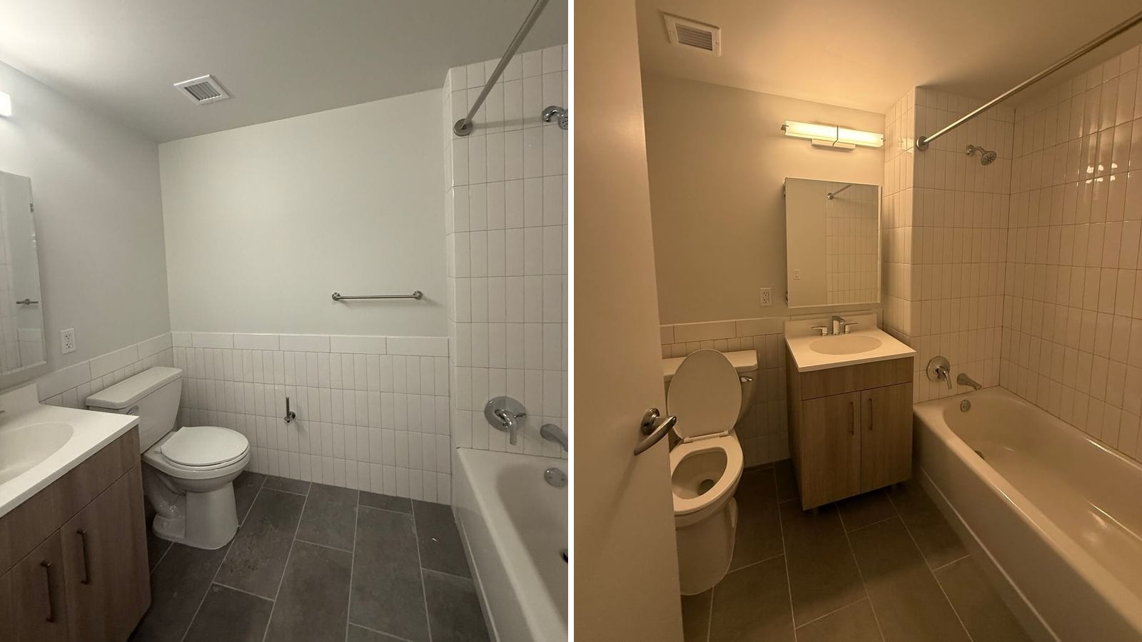 Two photographs side by side of bathrooms with white vertical wall tile, dark grey floor tile, a white toilet, a vanity with a wood-tone cabinet, a mirror and a white bathtub with a shower rod
